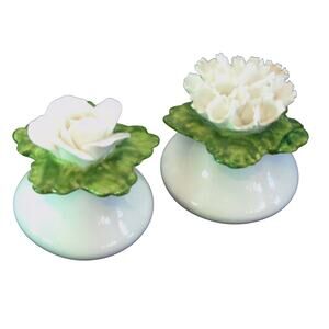 Denton China Salt & Pepper Shaker Set Rose Carnation Flowers Cork Stoppers 1.5"